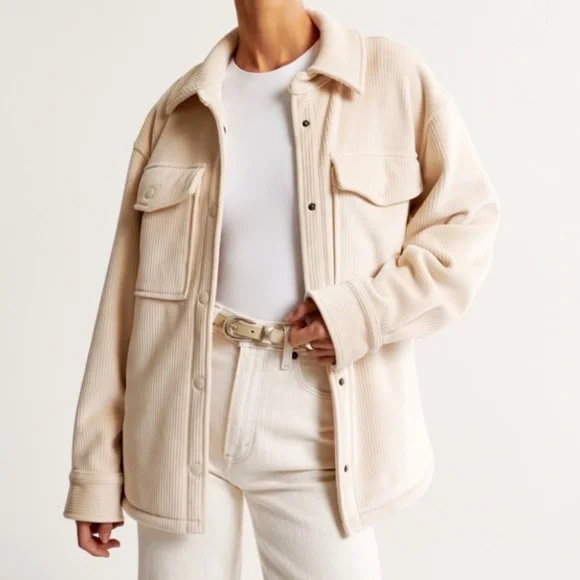 Abercrombie & Fitch Cozy Corduroy Cream Fleece Shacket Jacket Sz S - Picture 1 of 14